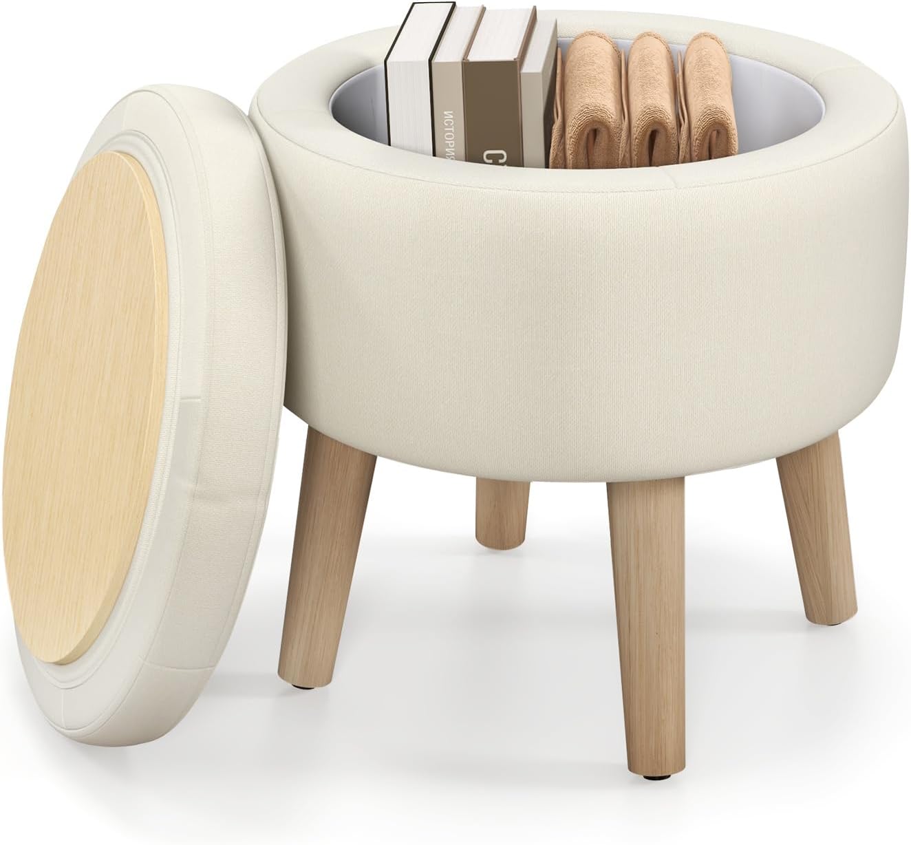 GOFLAME Otomana redonda de almacenamiento con tapa abatible, reposapiés tapizado multifuncional con patas de madera de goma maciza, taburete de