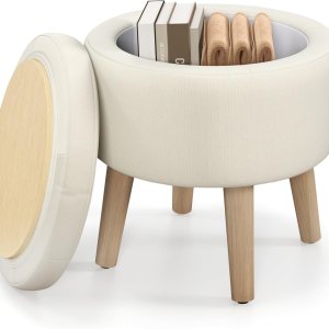 GOFLAME Otomana redonda de almacenamiento con tapa abatible, reposapiés tapizado multifuncional con patas de madera de goma maciza, taburete de GOFLAME Otomana redonda de almacenamiento con tapa abatible, reposapiés tapizado multifuncional con patas de madera de goma maciza, taburete de