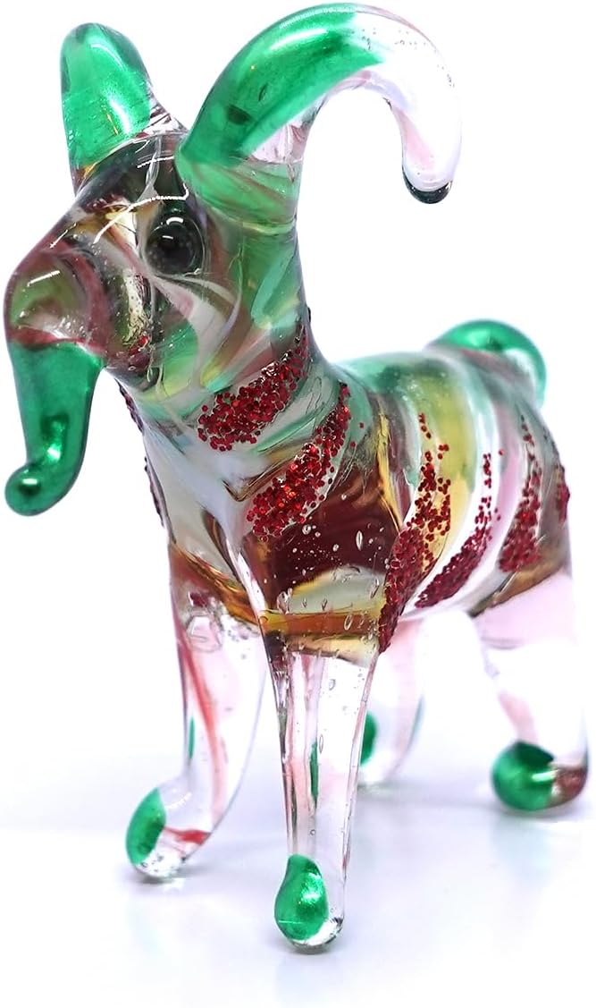 Sansukjai Figuras pequeñas de cabra animales soplados a mano, arte de vidrio, regalo coleccionable, decoración del hogar (rojo verde)