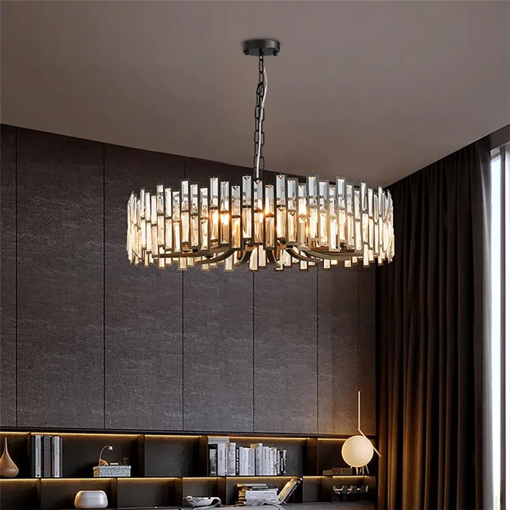 LOVEDIMA Candelabro negro, cristal redondo de 10 luces de altura ajustable para comedor, dormitorio, sala de estar, vestíbulo, isla de cocina