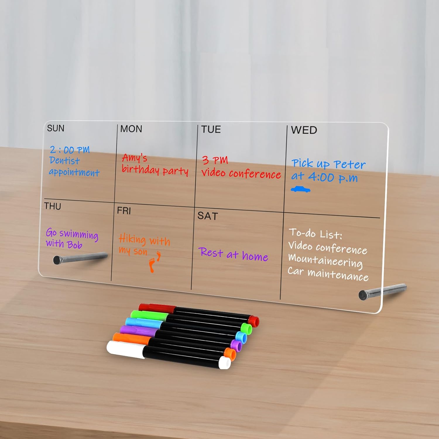 Planificador semanal de escritorio acrílico, pizarra blanca transparente de 12 x 6 pulgadas con soporte de metal, calendario de lista de tareas