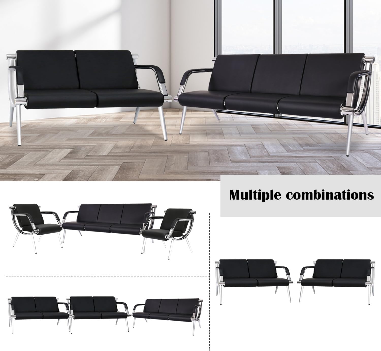 Kinsuite Sillas de sala de espera de recepción de oficina de 2 asientos, sillas de invitados y recepción para salón, banco de barbero, aeropuerto,