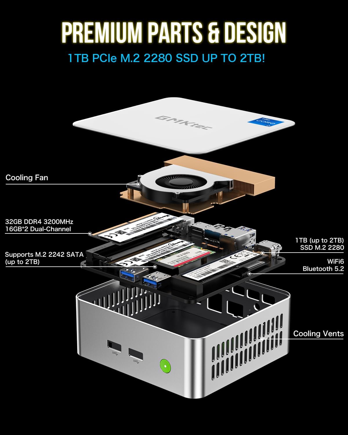 GMKtec Mini PC Intel i5-12450H (Turbo 4.4 GHz) 32 GB DDR4 1TB M.2 NVMe SSD, Windows 11 Pro Mini computadoras, USB 3.2, Type-CWiFi 6, BT5.2, RJ45