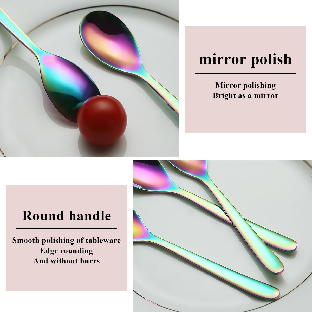 Kyraton Cucharitas de arco iris, 12 cucharas de té de acero inoxidable de 6.5 pulgadas con colorido chapado de titanio, cucharas de helado, cuchara