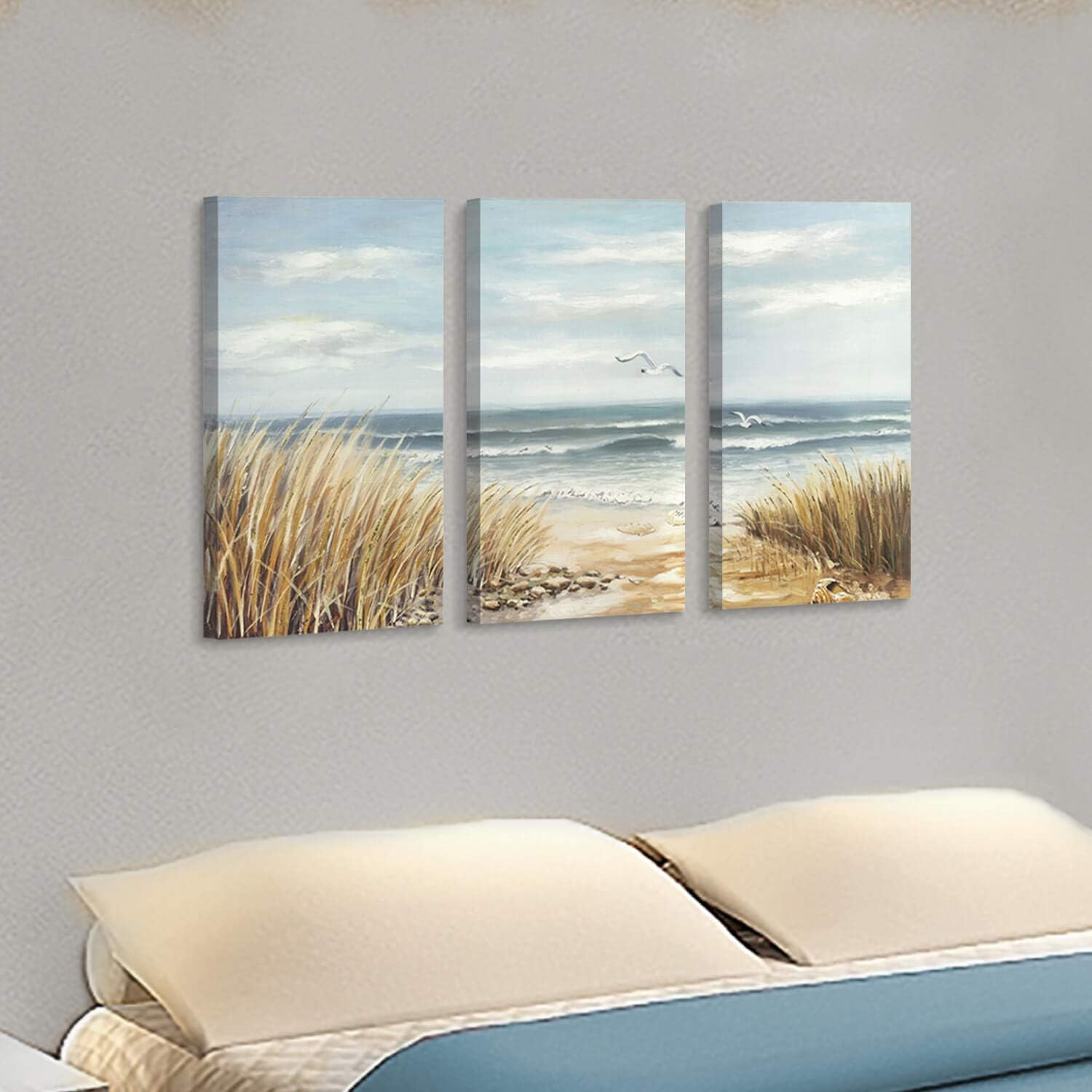 Lienzo abstracto de playa para pared gramíneas de orilla del mar, pintura de paisaje marino para paredes (26 x 16 x 3 paneles)