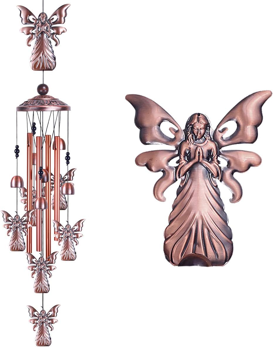 Campanillas de viento de ángel de jardín de 36 pulgadas para decoración interior y exterior, con 4 tubos de aluminio, 6 campanas, 7 ángeles,
