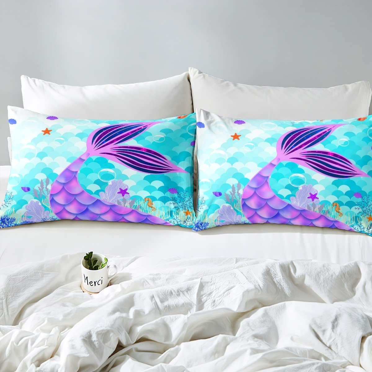 Erosebridal Juego de edredón de sirena para niñas, edredón acolchado con escamas de pez azul verdoso, edredón de plumón del mundo submarino para