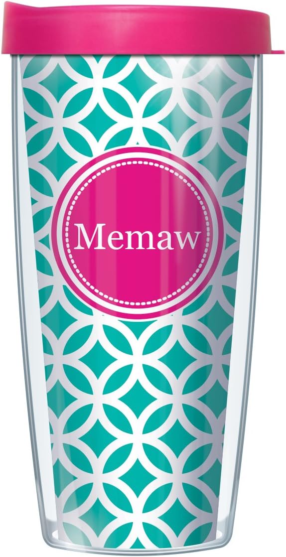 Pink Memaw Insignia Wrap en rotonda verde azulado y blanco con tapa rosa intenso de 16 onzas  Fantástica retención de temperatura, aislamiento