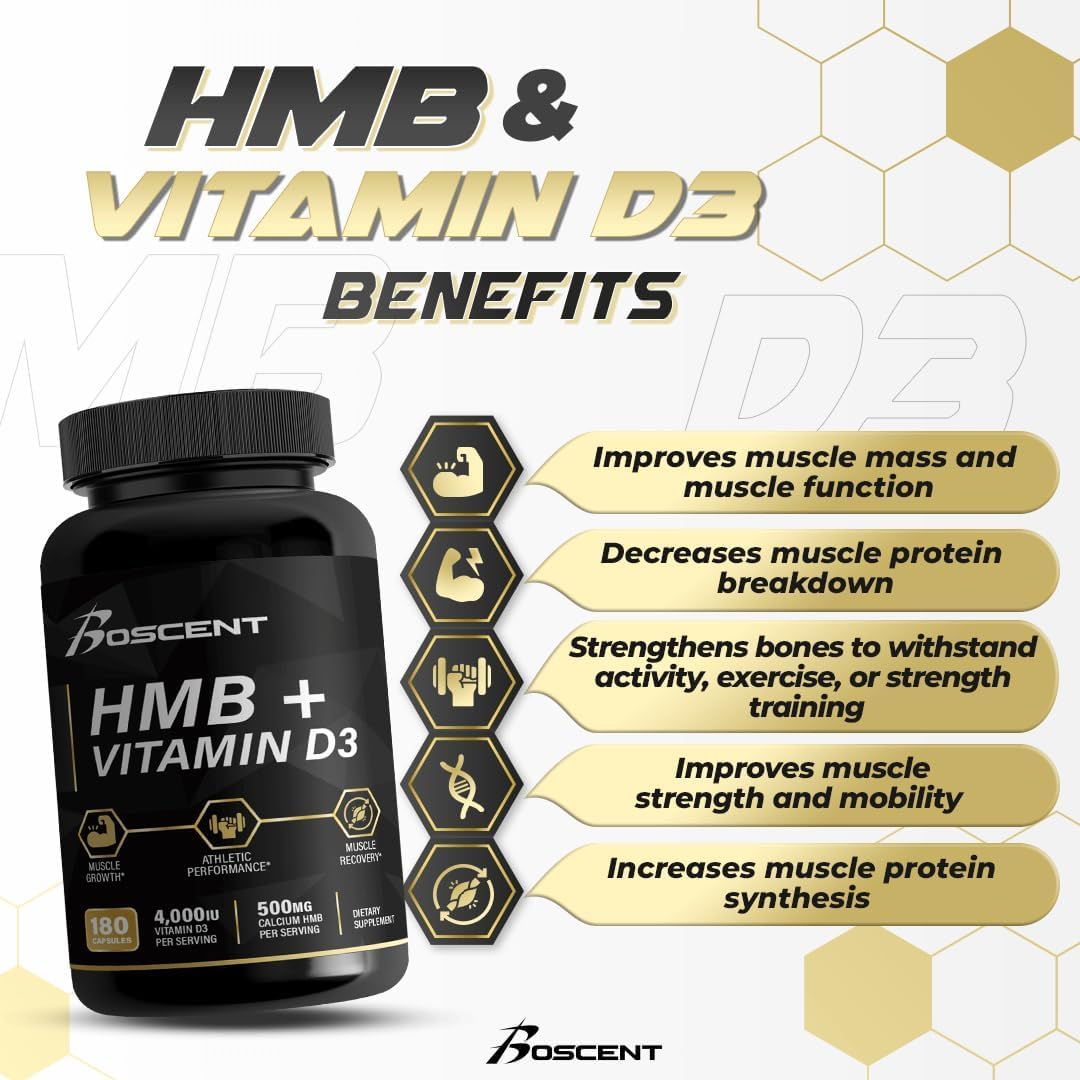 Suplemento de HMB y vitamina D3 – Suplementos de 1,000 mg de HMB con 4,000 UI de D3 y calcio para el crecimiento muscular, la fuerza y la