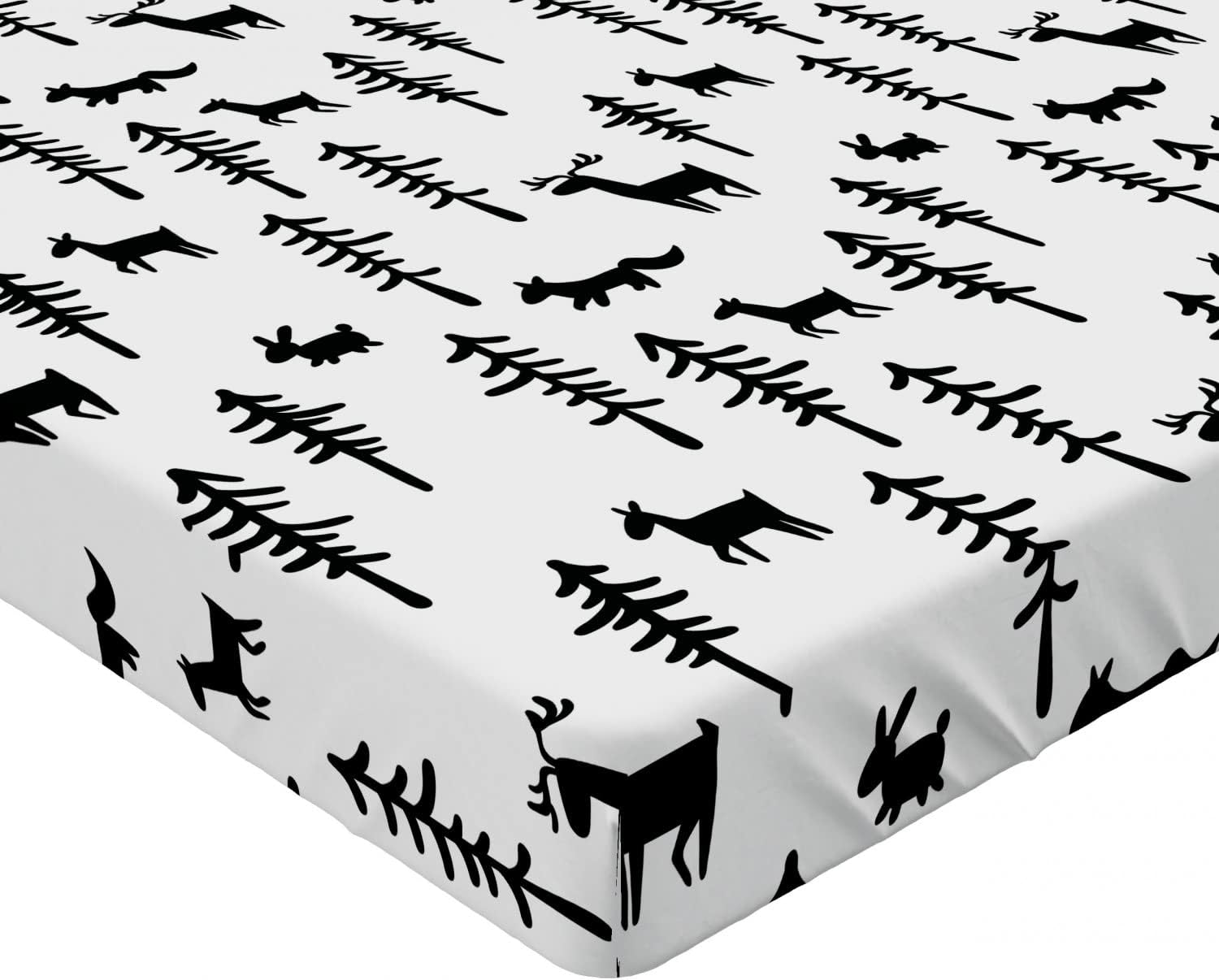 Ambesonne Sábana bajera ajustable de bosque, inspirado en la Navidad, diseño de renos, pinos y conejos, funda de cama con bolsillo profundo elástico