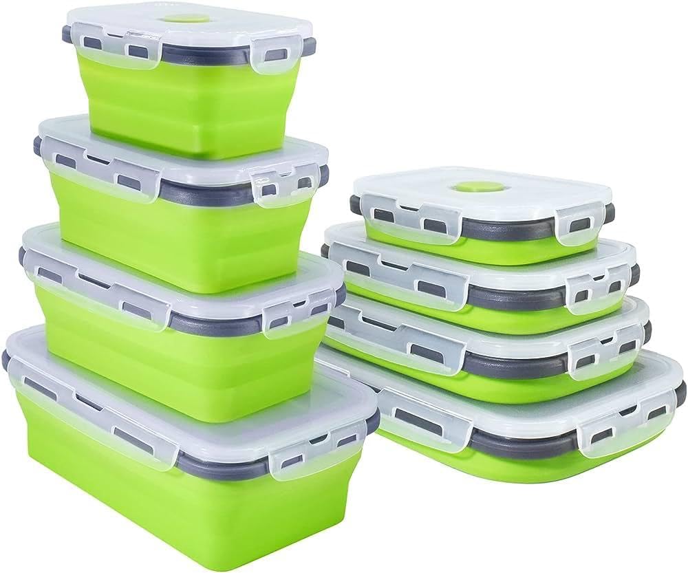 Contenedores de plástico para almacenamiento de alimentos con tapas, 4 piezas de silicona plegables con tapas para camping, recipientes de almuerzo