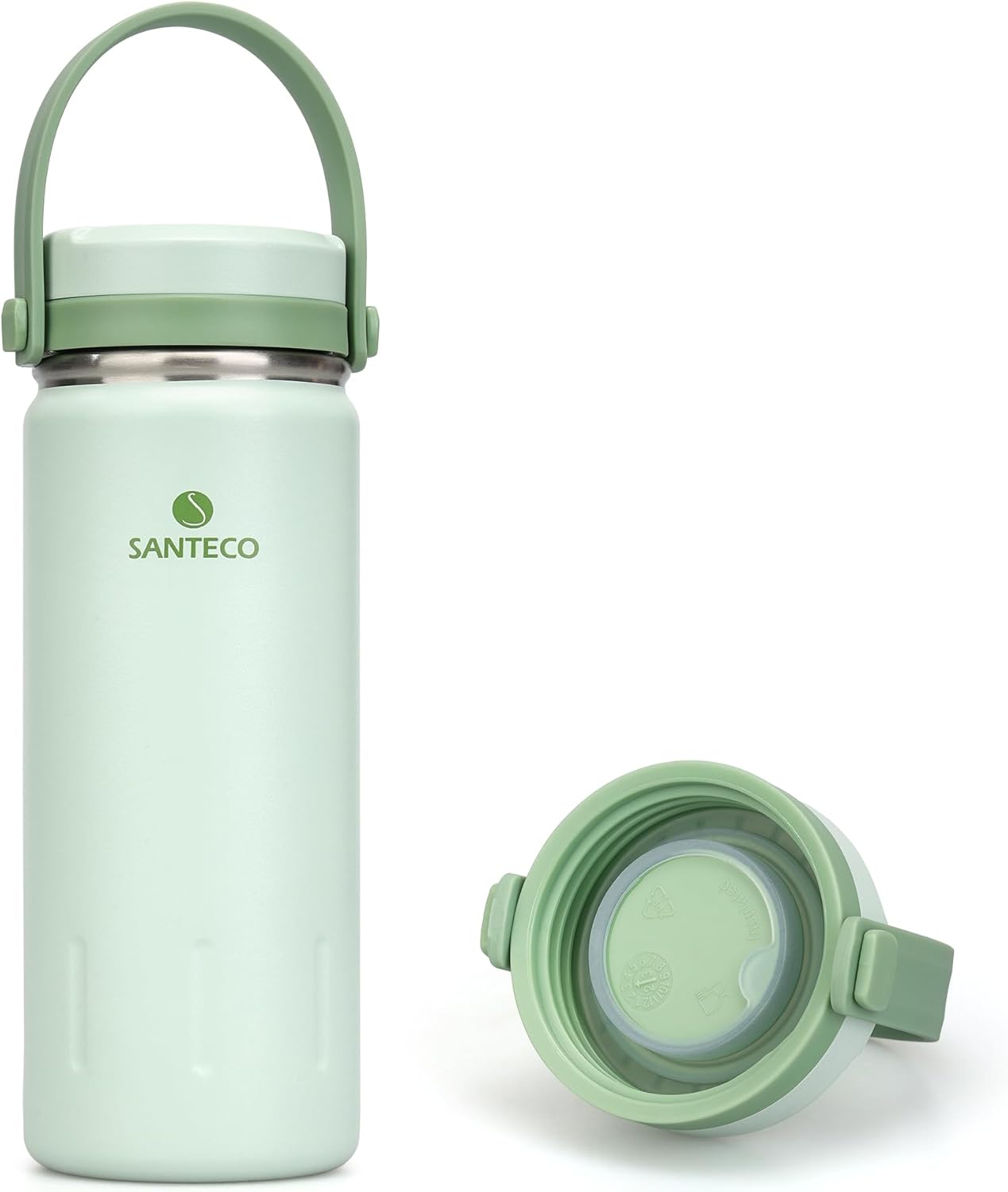 SANTECO Botella de agua de acero inoxidable de 13 onzas con asa, doble pared aislada, botella de agua con personalidad elegante, boca ancha, diseño