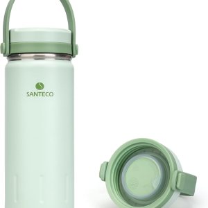 SANTECO Botella de agua de acero inoxidable de 13 onzas con asa, doble pared aislada, botella de agua con personalidad elegante, boca ancha, diseño SANTECO Botella de agua de acero inoxidable de 13 onzas con asa, doble pared aislada, botella de agua con personalidad elegante, boca ancha, diseño