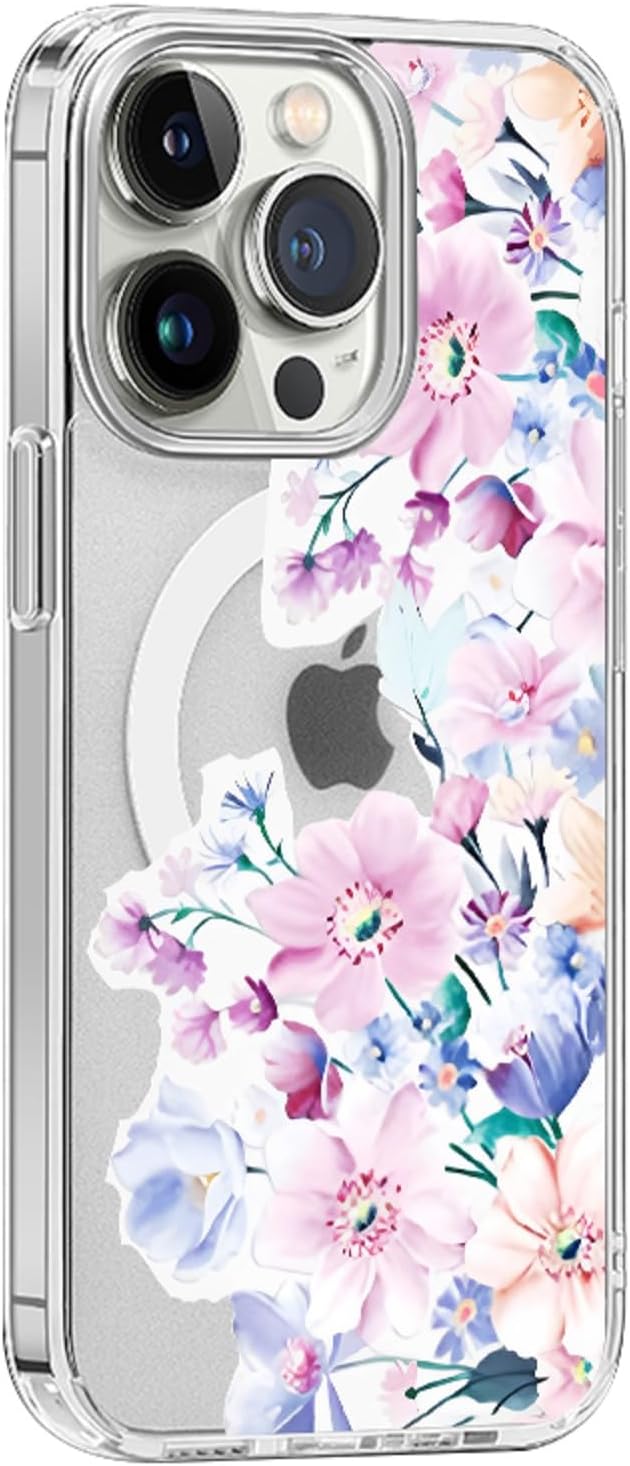 Funda Magsafe para iPhone 13 Pro Max, diseño floral lindo delgado a prueba de golpes protector duro PC+TPU parachoques flor mujeres cubierta