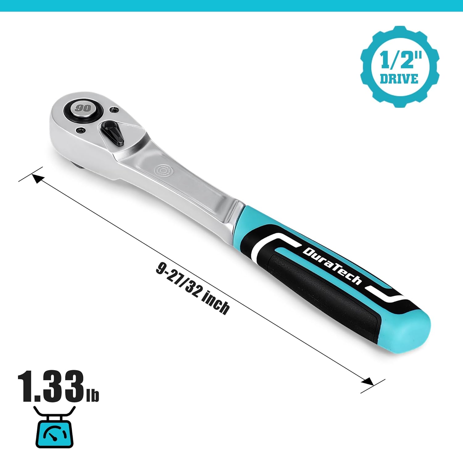 DURATECH Trinquete de accionamiento de 12 pulgada, llave de trinquete ergonómica de agarre suave de liberación rápida de 90 dientes, llave de vaso