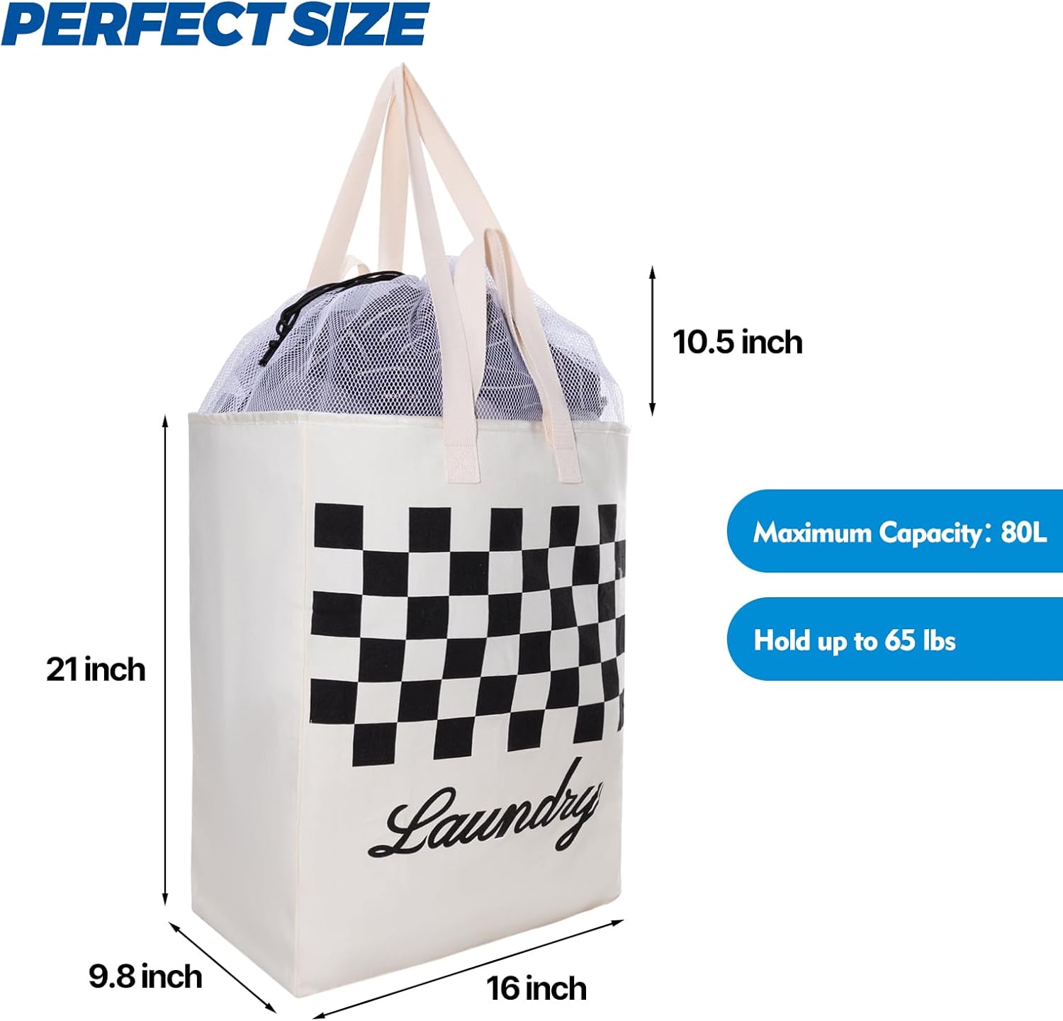 Bolsa de lona para ropa sucia XL, extra grande y resistente, bolsa de almacenamiento con malla de cordón fijo, correas para el hombro y asas, VOL