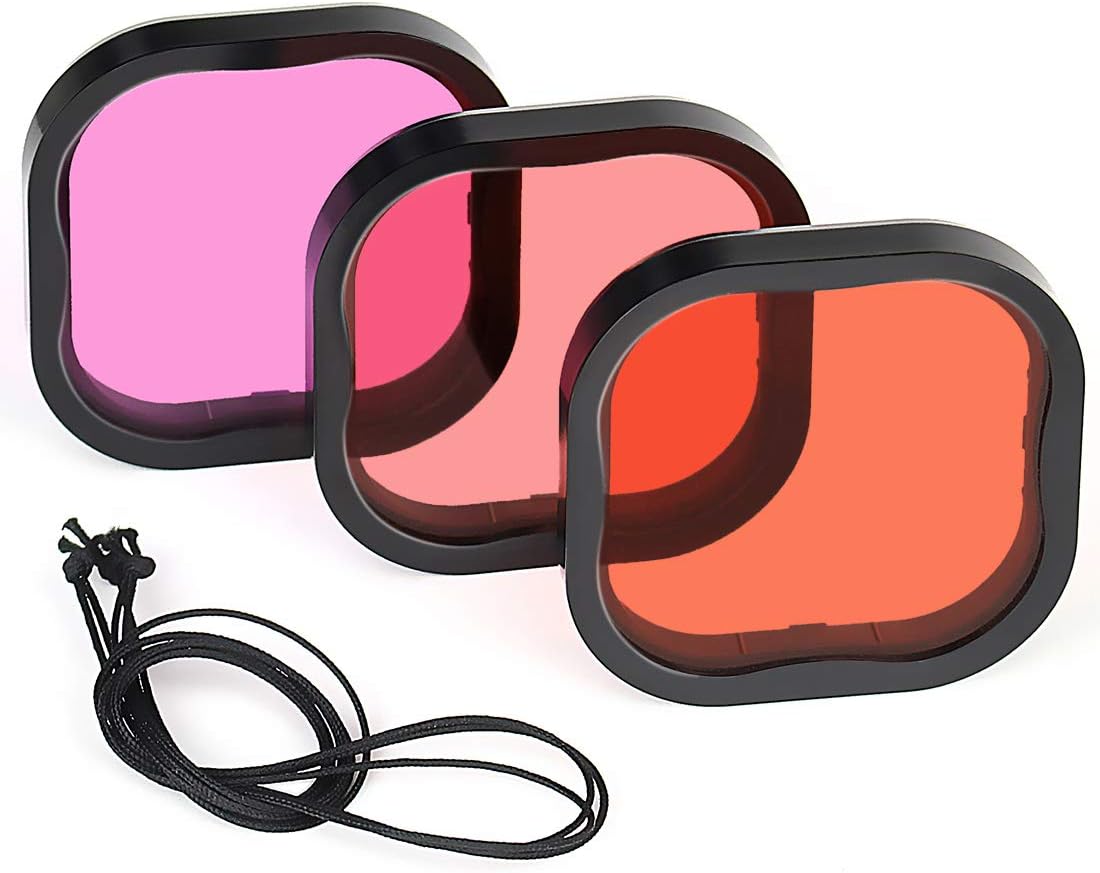 GEPULY Paquete de 3 filtros de buceo para GoPro Hero 8 9 10 11 12 carcasa oficial impermeable (rojo, rojo claro, filtros magenta)  Corrección de