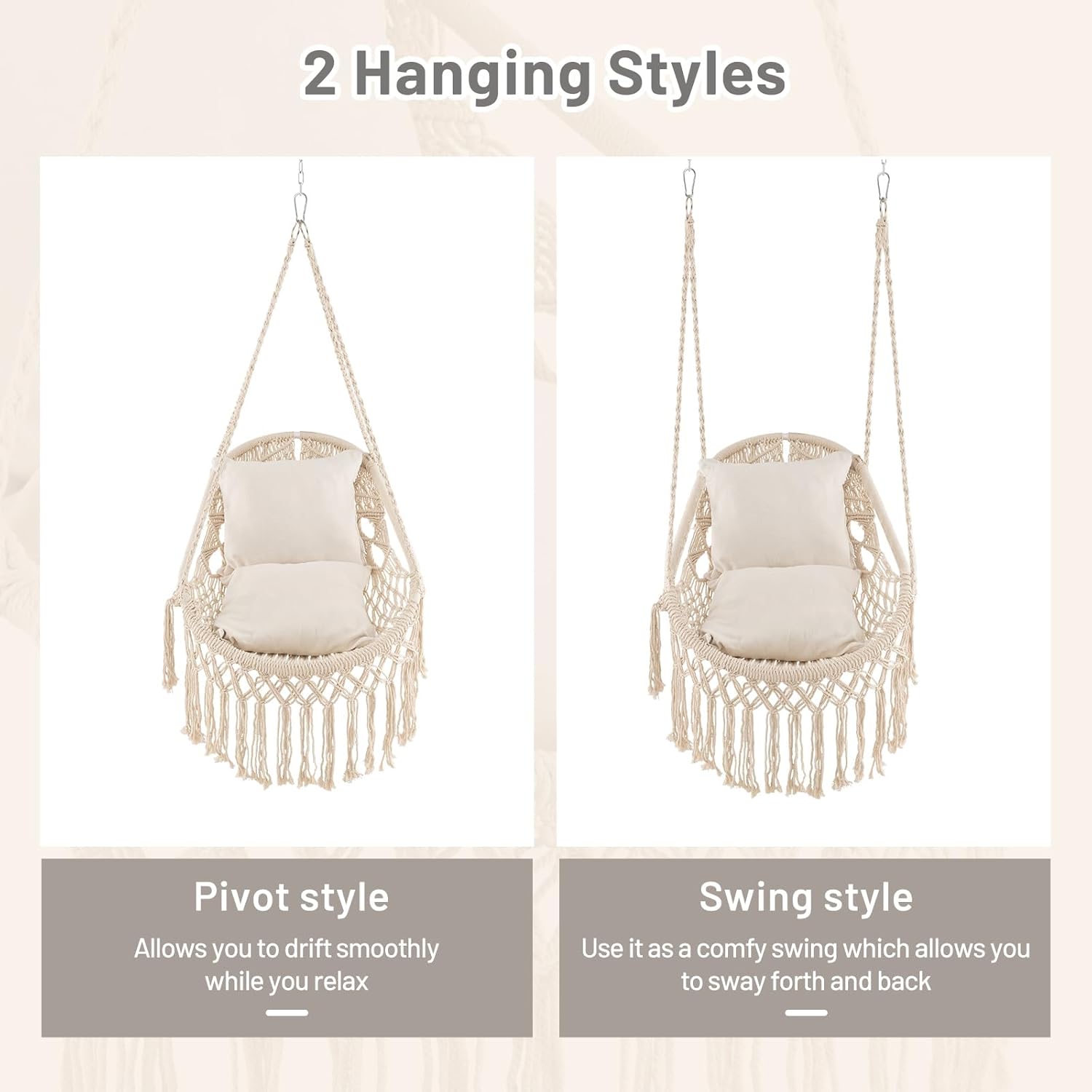 Giantex Silla columpio de macramé, columpio colgante de porche con cojines de asiento suaves, cuerda de algodón y kits de herramientas, soporta