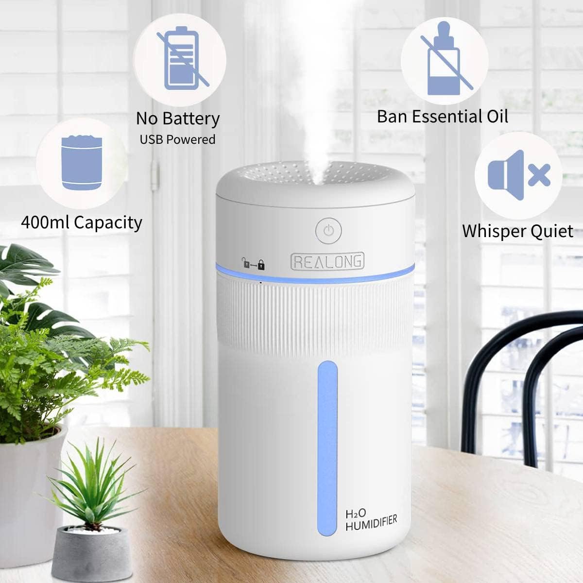 Humidificadores pequeños para dormitorio, mini humidificador de niebla fría de 13.5 fl oz, humidificadores portátiles de escritorio personal blanco