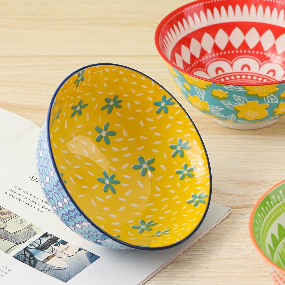 Juego de cuencos de porcelana para cereales, cuencos de cerámica para cocina, de 23 onzas, 6 juegos de cuencos coloridos con patrones lindos –