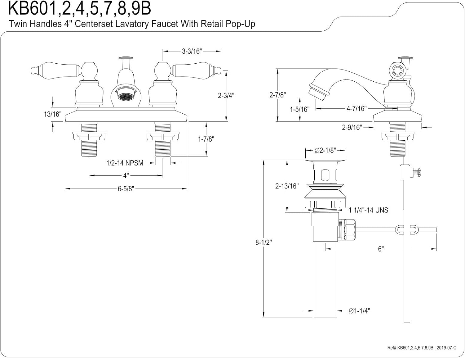 Kingston Brass KB608B Victorian Center Set Grifo de Lavabo con LatónABS Pop-Up, 4-12″, níquel cepillado