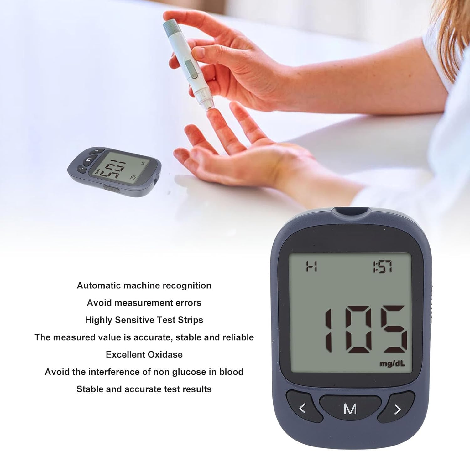 Medidor de glucosa en sangre, kit de prueba de diabetes, 50 tiras de prueba + 50 lancetas de identificación automática de alta precisión de datos de