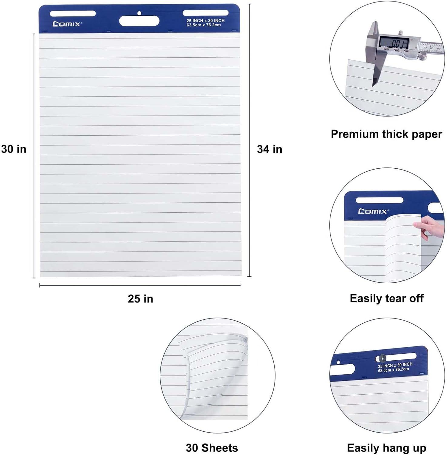 Comix Almohadilla de caballete adhesivo forrada, papel de 25 x 30 pulgadas para profesores, papel de caballete autoadhesivo grande, 30 hojasbloc, 10