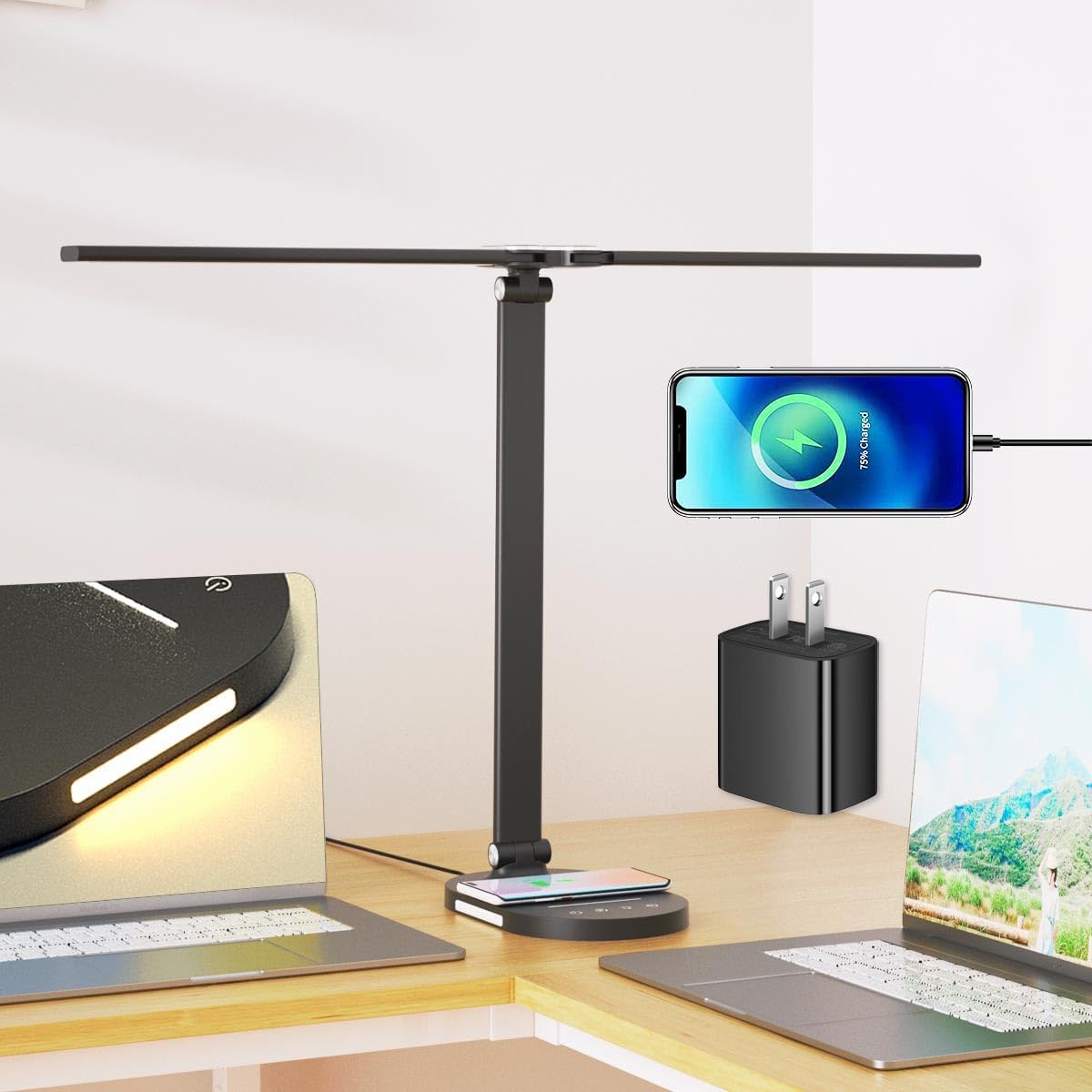 Lámparas de escritorio de doble cabezal 4.0 Pro, 80 LED para oficina en casa con cargador inalámbrico y puerto de carga USB, 5 modos, luz nocturna,