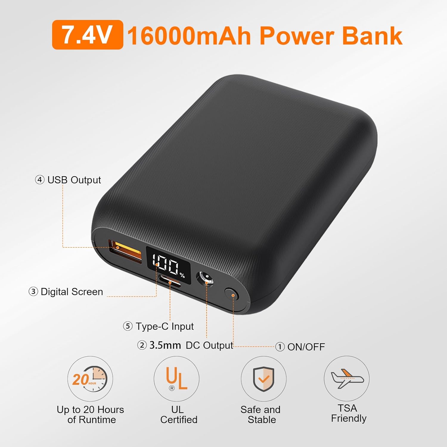 Chaleco calefactable, batería de 7,4 V, 16000 mAh, batería para chaleco calefactable, pantalla LCD, batería externa para chaleco calefactable con