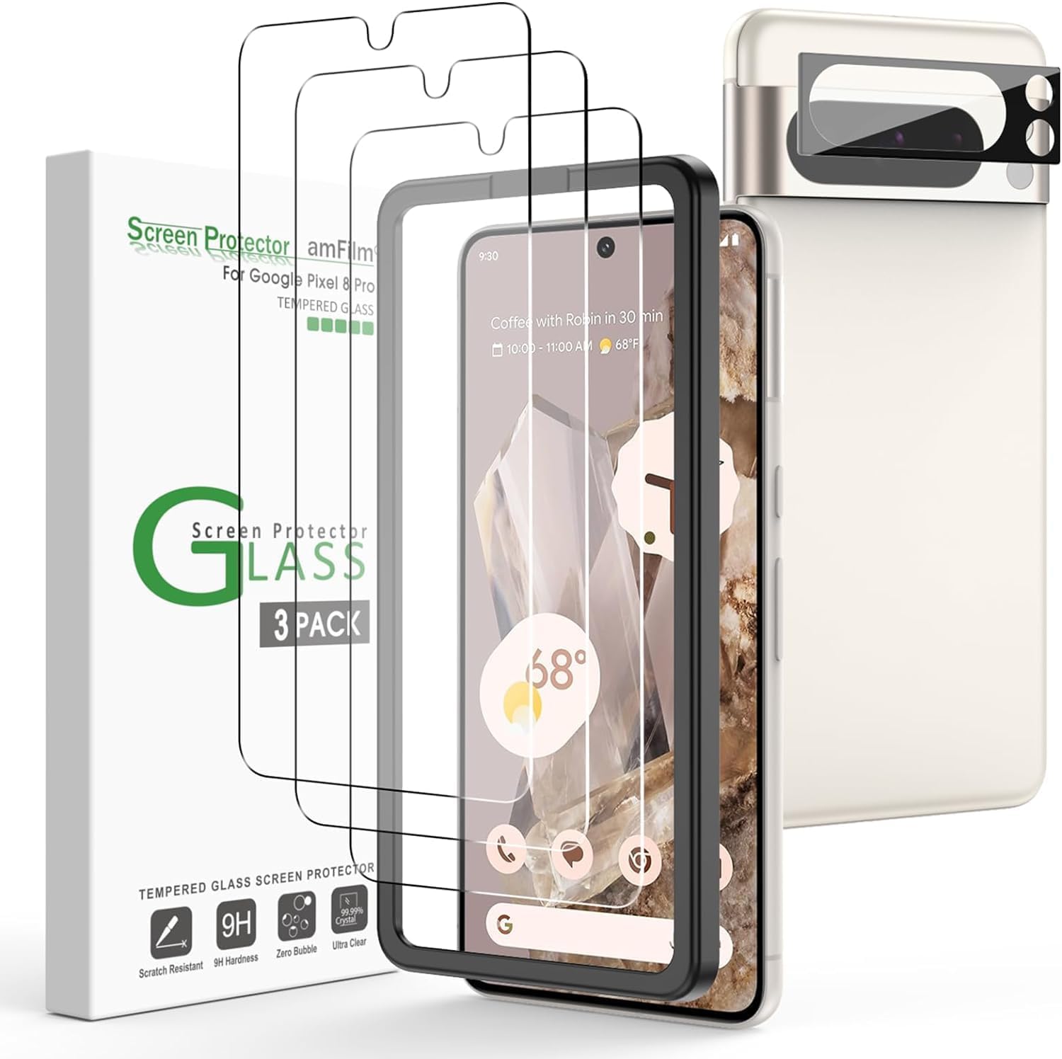 amFilm Protector de pantalla de vidrio templado para Google Pixel 8 Pro, compatible con huellas dactilares ultrasónicas, con marco de fácil