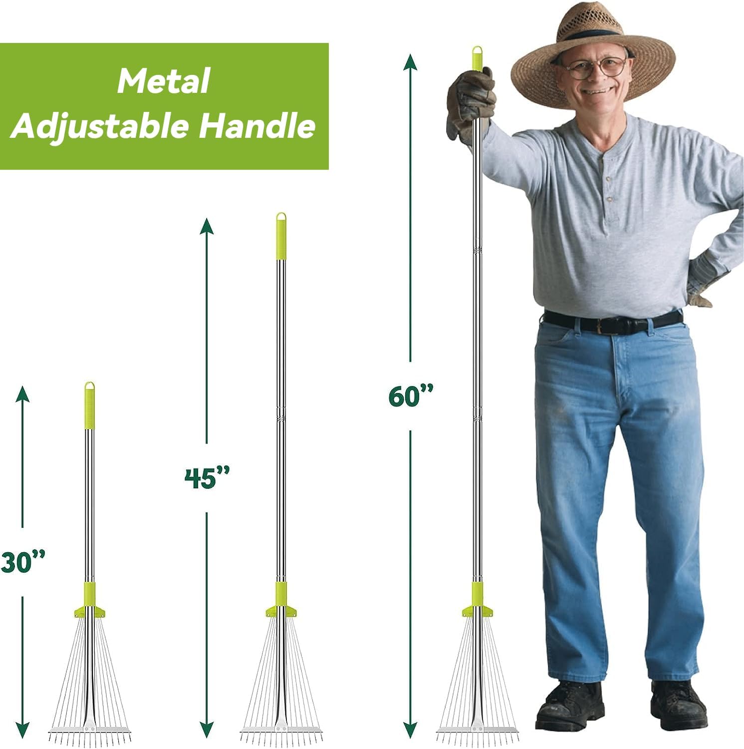 Rastrillo de hojas de jardín, rastrillos de metal para césped resistente, rastrillo de hojas ajustable de 30 a 60 pulgadas para patio, campamento,