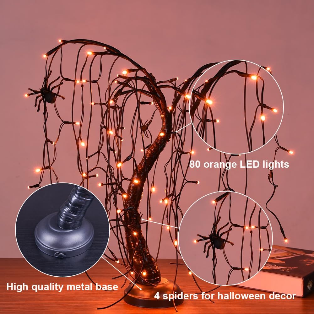 Luz de bonsái de sauce iluminada de 24 pulgadas para Halloween, 80 luces LED naranjas, lámpara de mesa, árbol artificial, decoración de escritorio