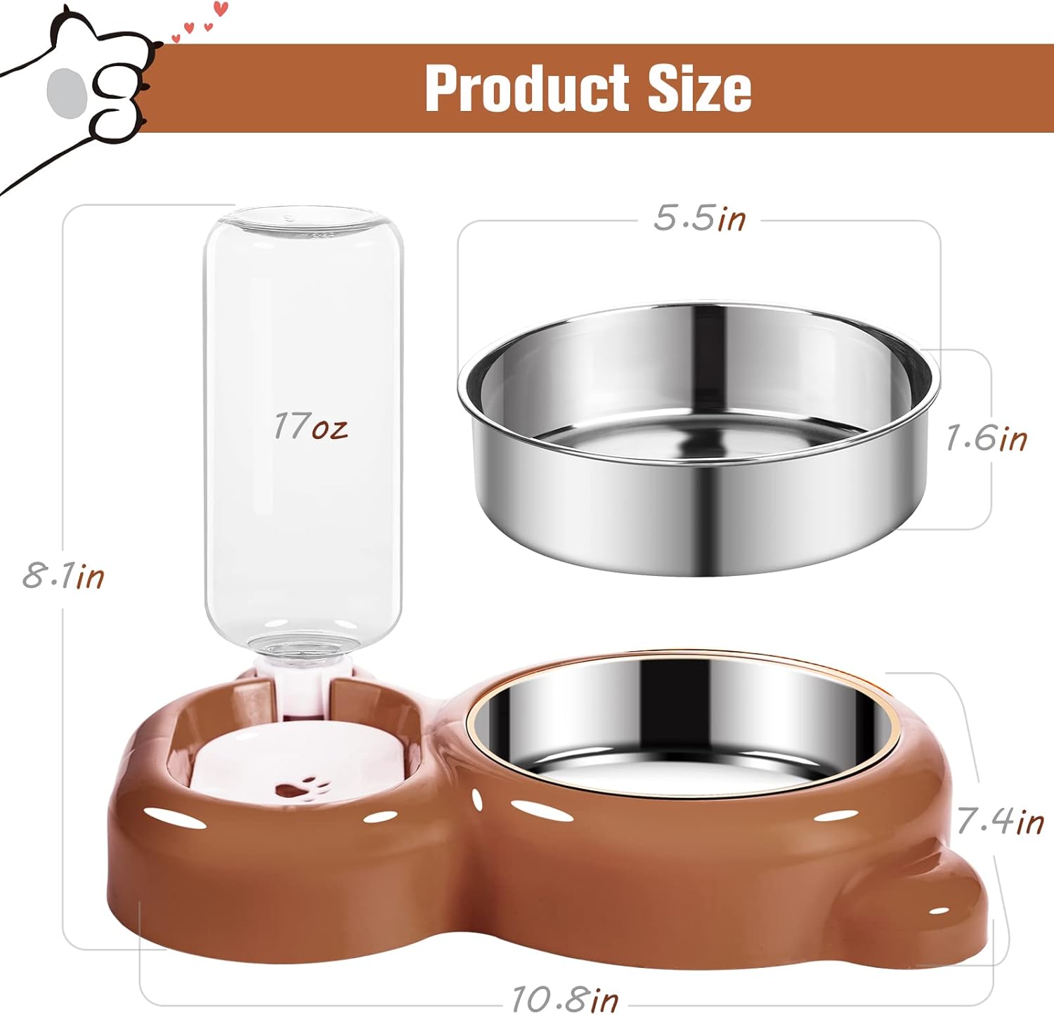 Juego de cuencos para perros, comida y agua para gatos con dispensador de agua y cuenco de acero inoxidable para gatos y perros pequeños, color