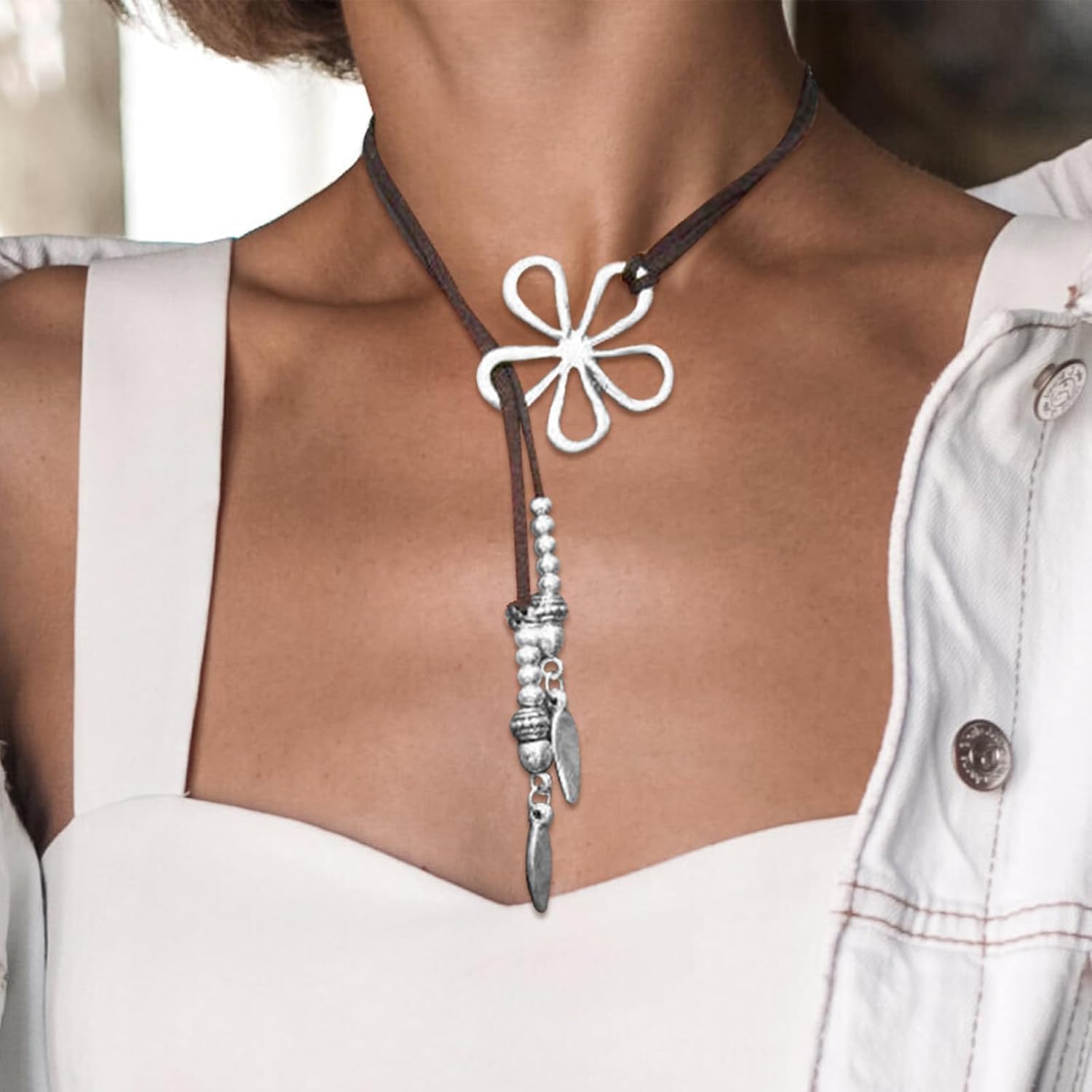 Boho Necklaces for Women Country Concert Outfits for Women Trendy Handmade Bohemian Leather Necklace Western Outfit Necklace for Teen Girl Gifts
