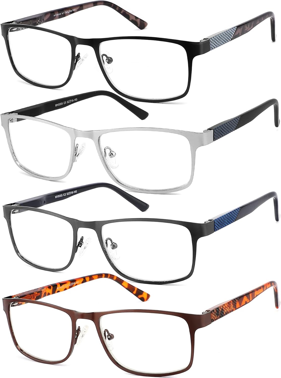 JJWELL Paquete de 4 lentes de lectura para hombres, bloqueo de luz azul, lectores de marco completo de metal para hombres, antifatiga ocular,