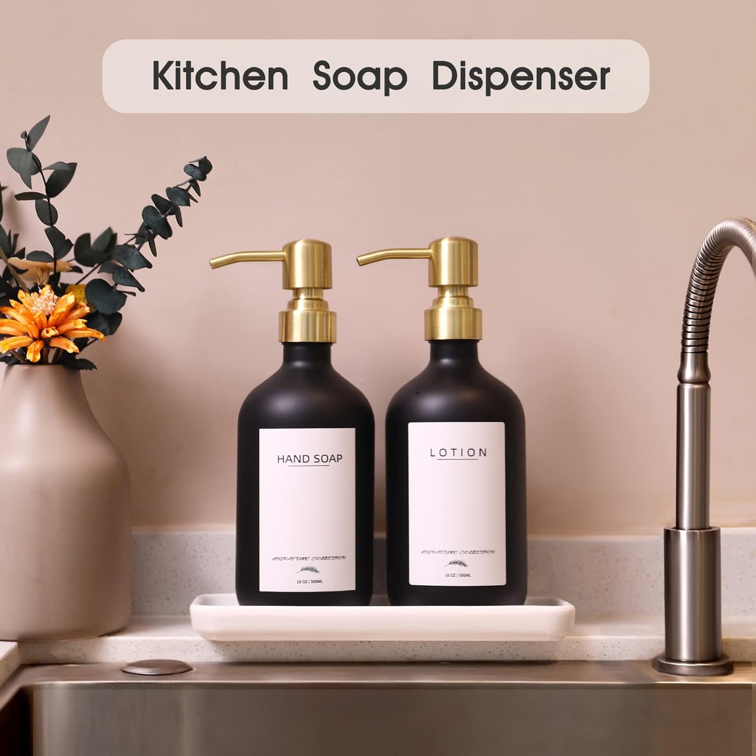 Dispensador de jabón para platos de vidrio con bandeja de cerámica y bomba de acero inoxidable, juego de dispensador de jabón de cocina con 12