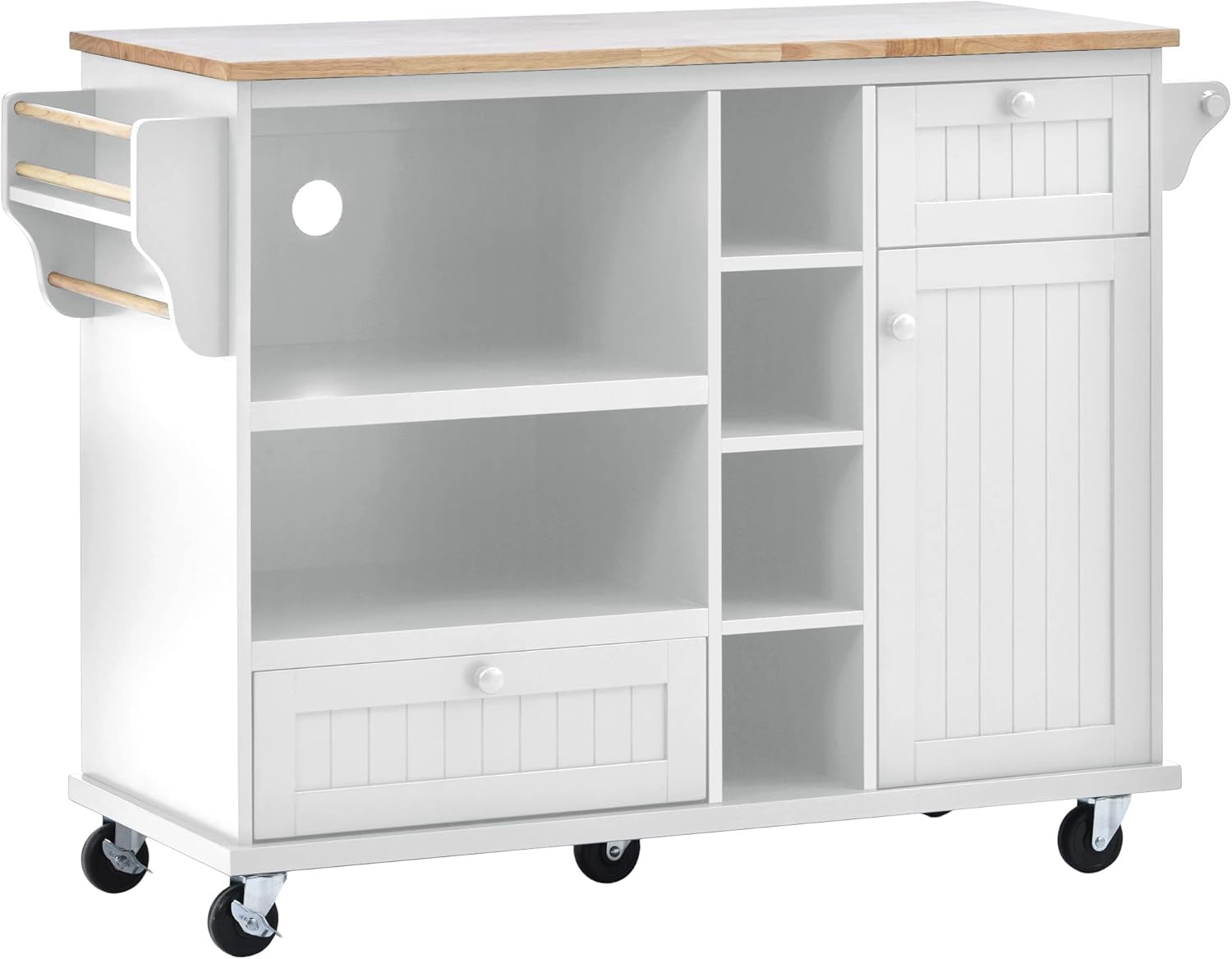 Olela Carrito de isla de cocina con almacenamiento, mesa de cocina móvil rodante para microondas con ruedas con estantes abiertos, cajones y