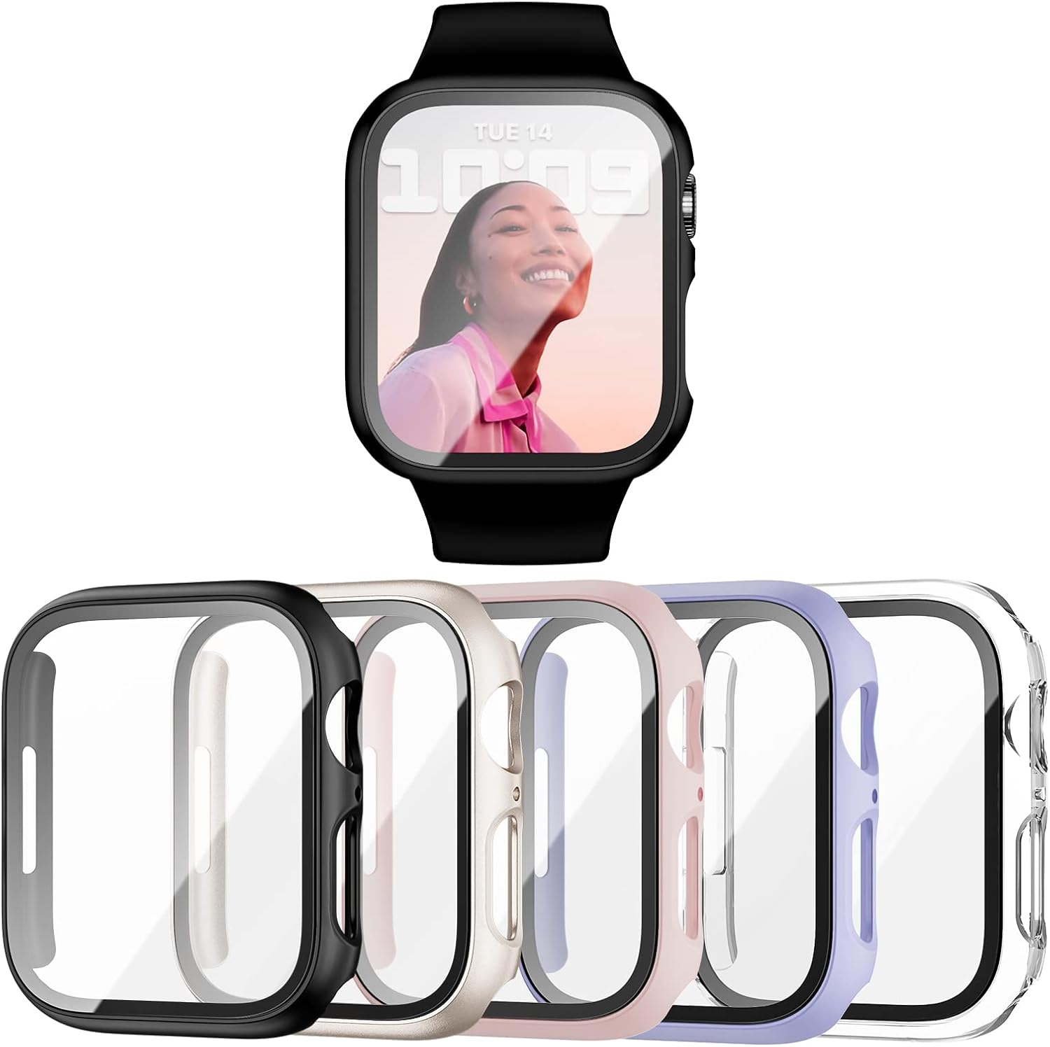 Haojavo Paquete de 5 fundas con protector de pantalla de vidrio templado para Apple Watch Series 9, 8, 7, 1.772 pulgadas, policarbonato duro