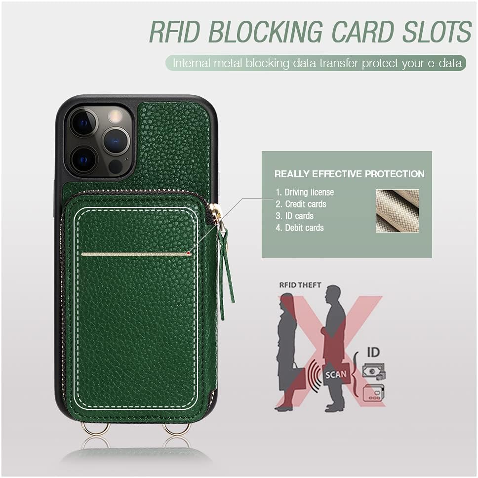 ZVE Magsafe Funda con cartera, bloqueo de interferencia de radiofrecuencia y cargador inalámbrico para el iPhone 12 Pro, funda cruzada de cuero con