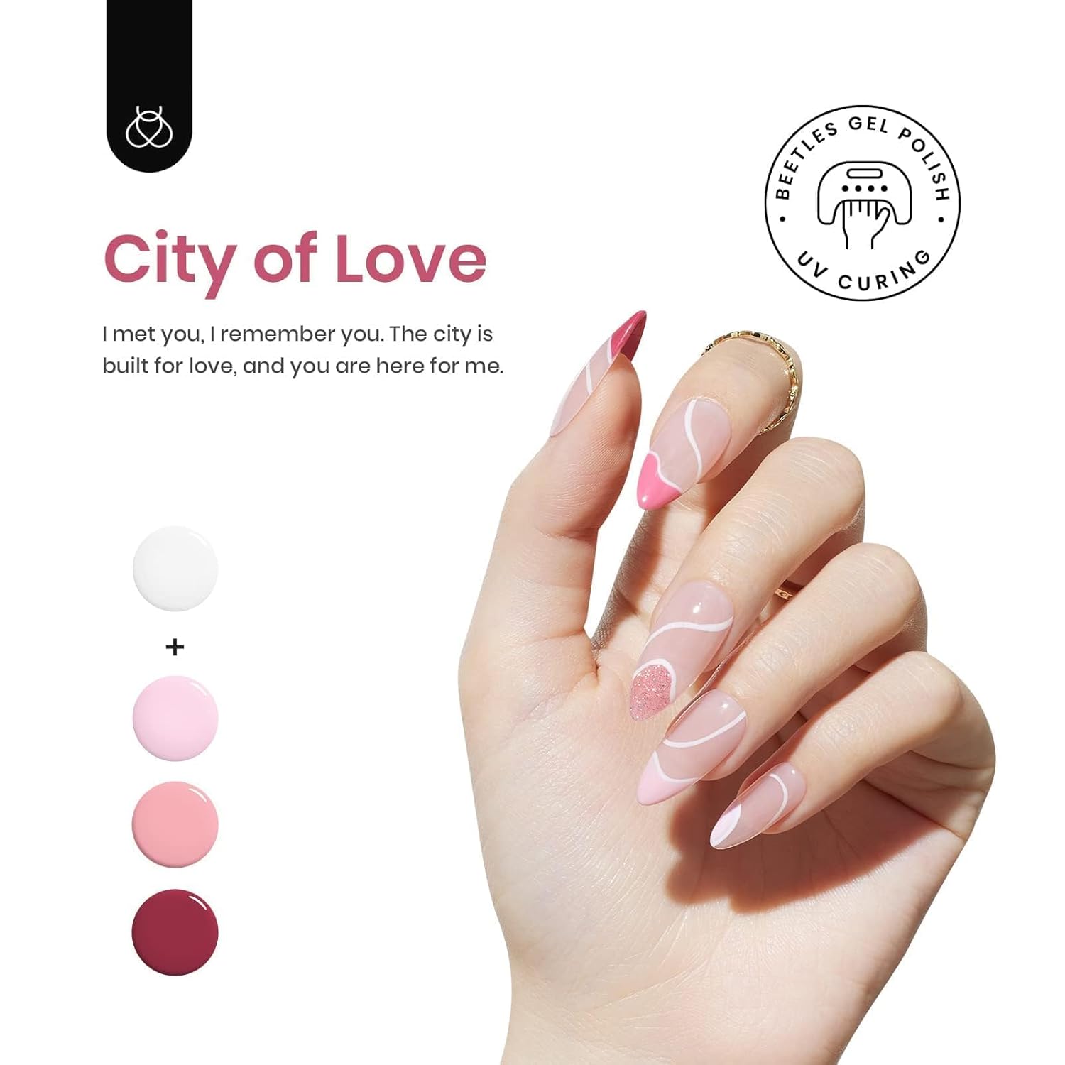 Beetles – Kit de 6 piezas y 5 colores de esmalte de gel de uñas City of Love, colores rosa y brillo y 1 gel delineador de uñas con lámpara