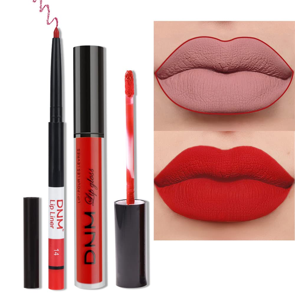HAOYA Juego de 2 delineadores de labios y lápiz labial rojo rubí mate, lápiz labial líquido mate 24 horas y con kit de delineador de labios,