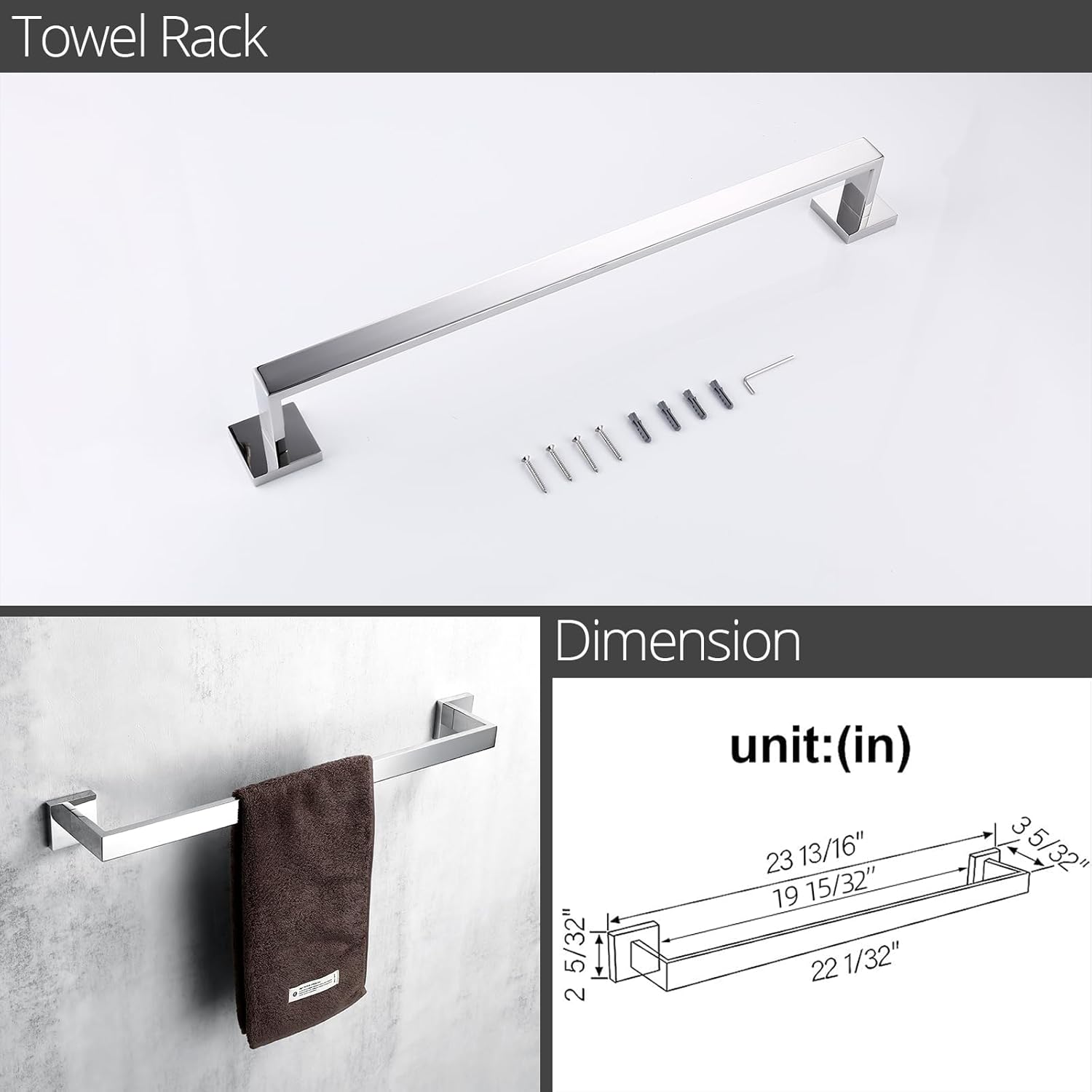 BAGNOLUX Pholished – Juego de accesorios de baño cromados, juego de 4 piezas de toallero montado en la pared, resistente, 23.6 pulgadas