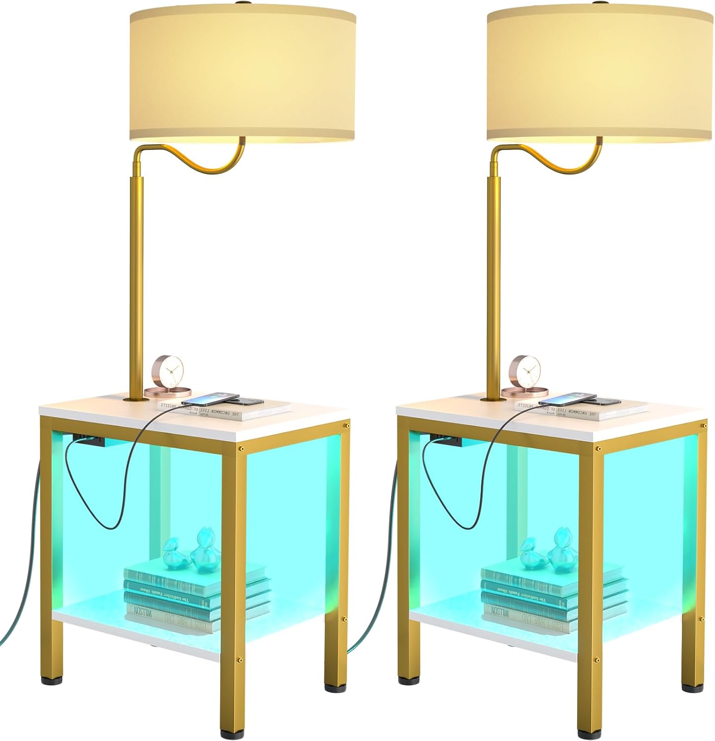 Lámpara de pie LED con mesa, mesa auxiliar con luz LED y toma de corriente, mesita de noche con lámpara, mesa auxiliar con lámpara adjunta para sala