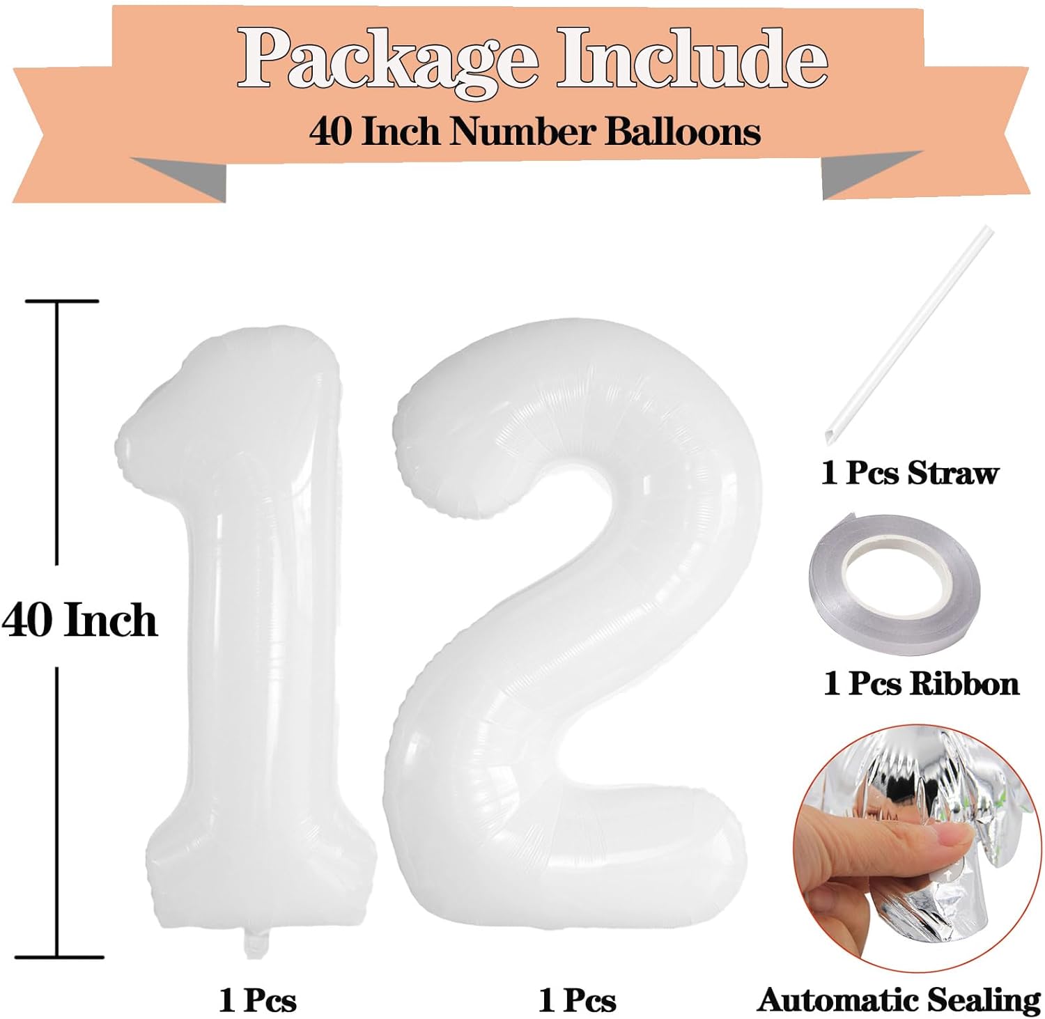 Globos blancos de 40 pulgadas con el número 12, globos grandes de Mylar de aluminio de número 12 para decoraciones de fiesta de cumpleaños de 12