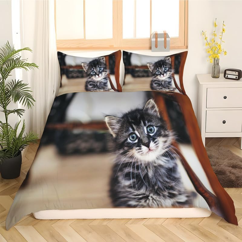 Light Brown Cat Twin Duvet Cover Animal Print Twin Bedding Sets Soft Microfiber Comforter Cover and 2 Pillow Shams 20″X26″, Bed Set Duvet Covers
