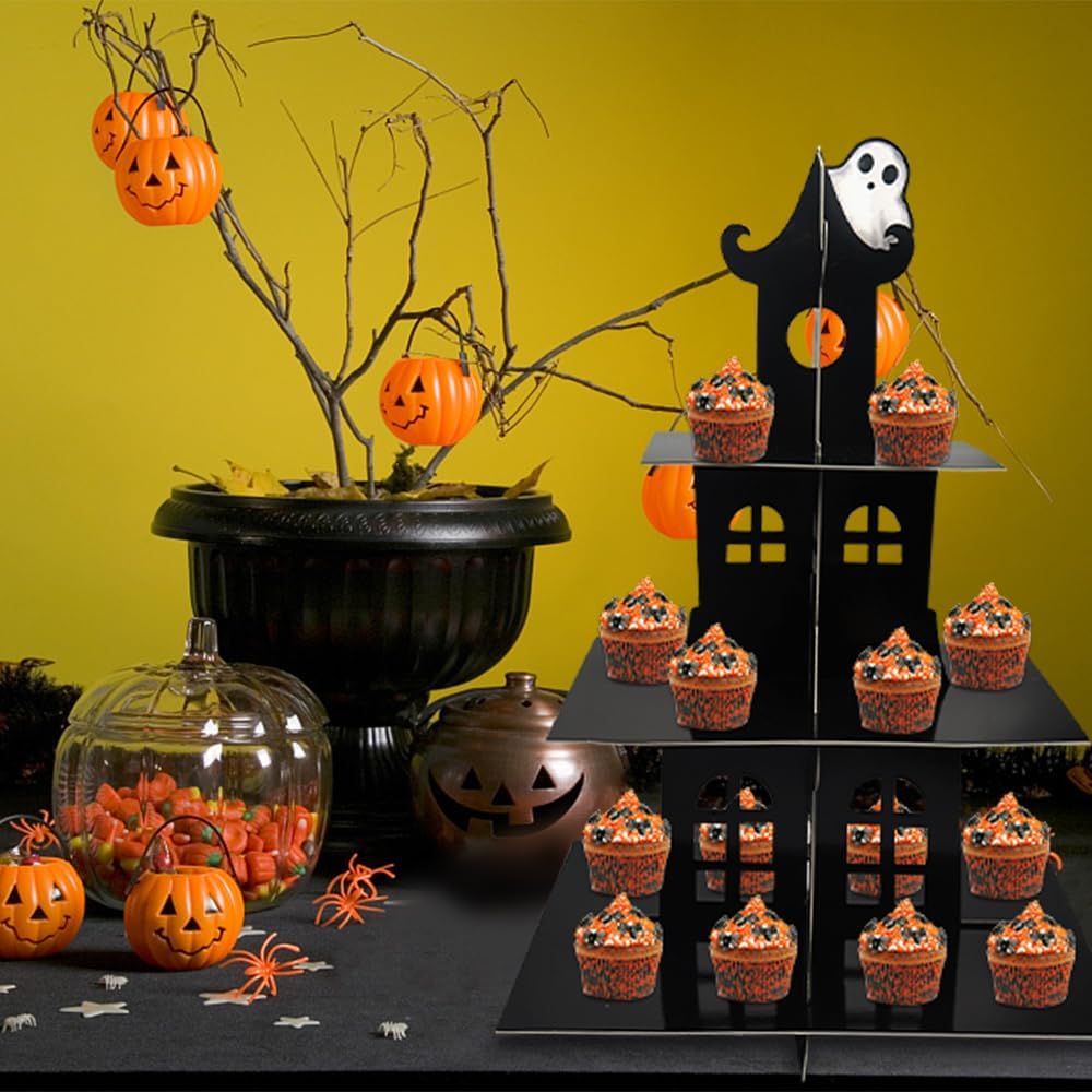 Soporte de 3 niveles para cupcakes de Halloween, castillo de Halloween, soporte redondo de cartón, torre de postre, torre de árbol de postre para