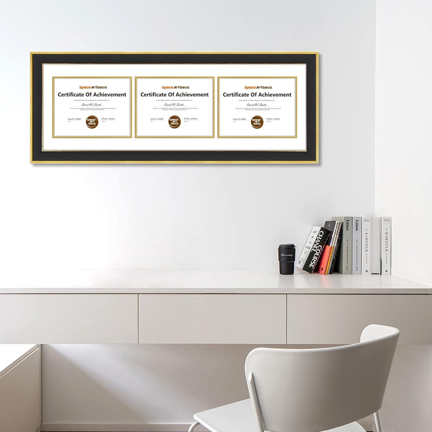 Space Art Deco, Marco de tres certificados de 12 x 37 pulgadas con paspartú doble blanco sobre dorado para (3) diplomasgrados de 8.5 x 11 pulgadas,