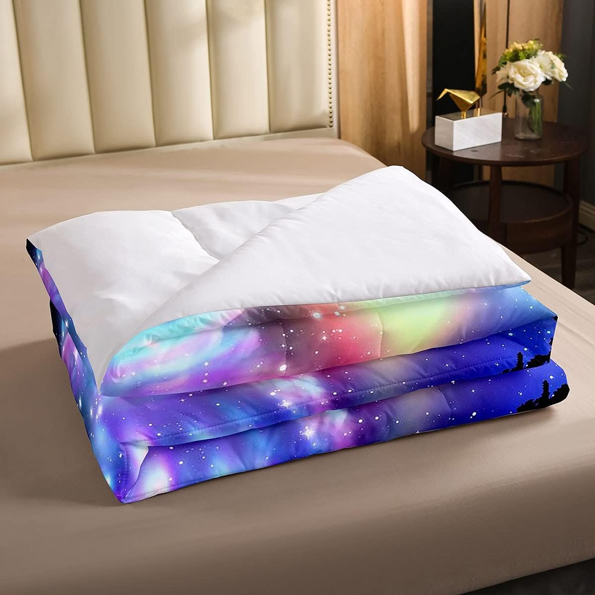 Juego de edredón de lobo galaxia, juego de ropa de cama con luz del norte, para niños, niñas, adolescentes, cielo estrellado, aurora, decoración de