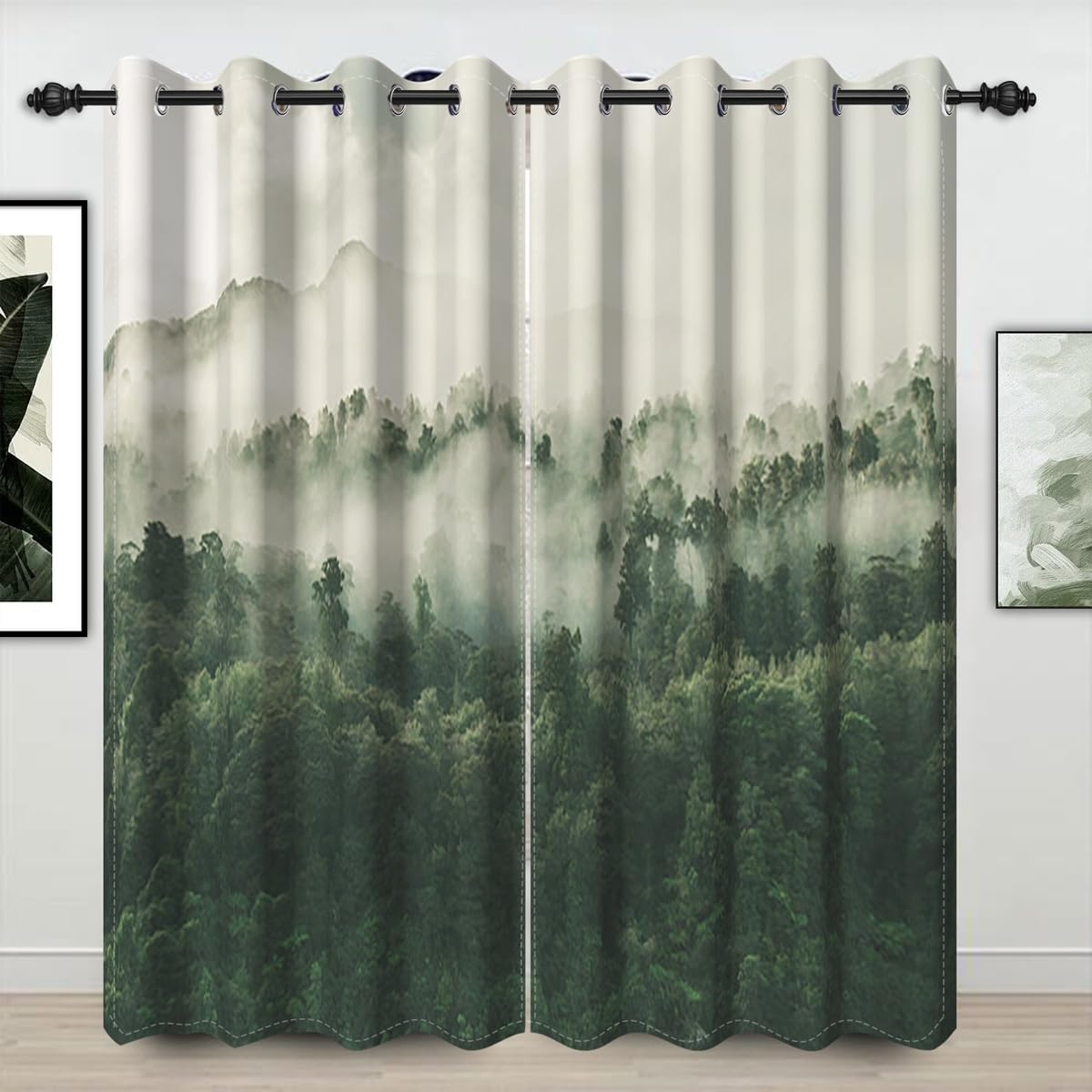 Umpoo Cortinas opacas de bosque abstracto de 52 x 63 pulgadas, bosque verde, montaña, nubes blancas brumosas, paisaje natural para sala de estar,