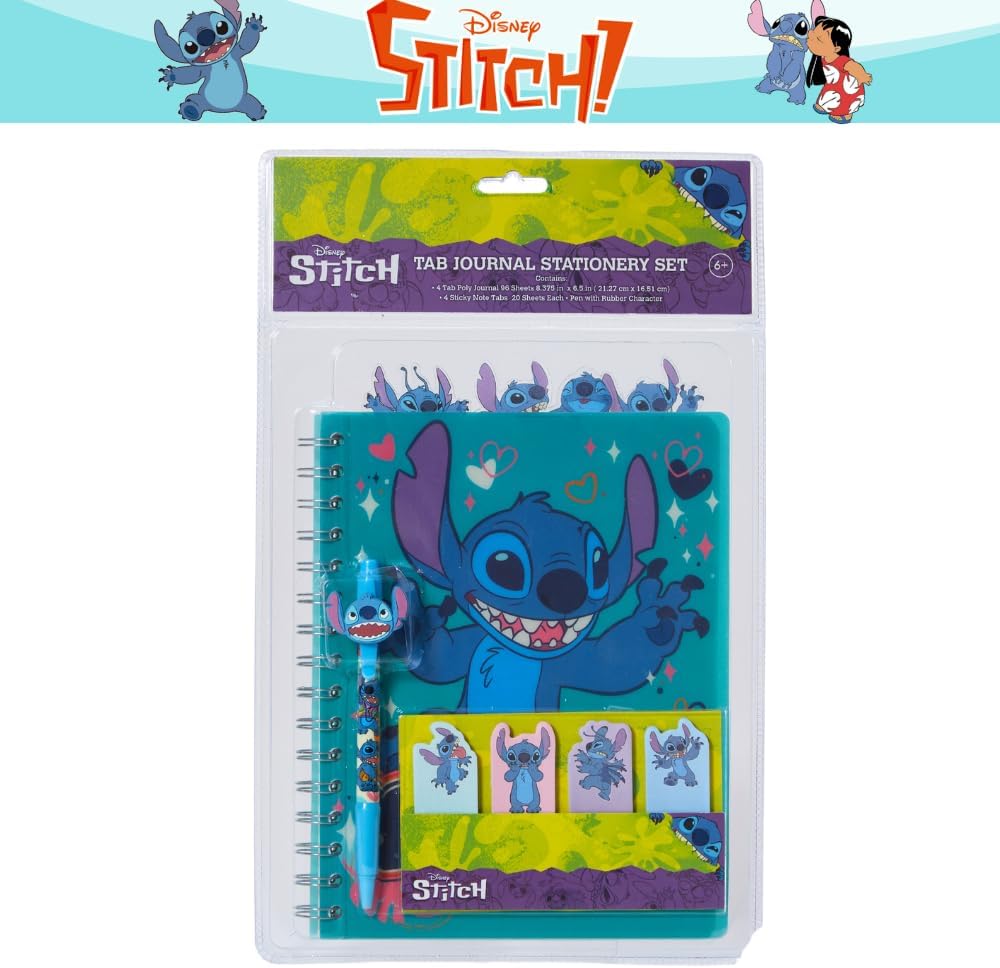 Innovative Designs Disney Stitch – Cuaderno en espiral, bolígrafo, pestañas adhesivas, 96 páginas rayadas, color azul
